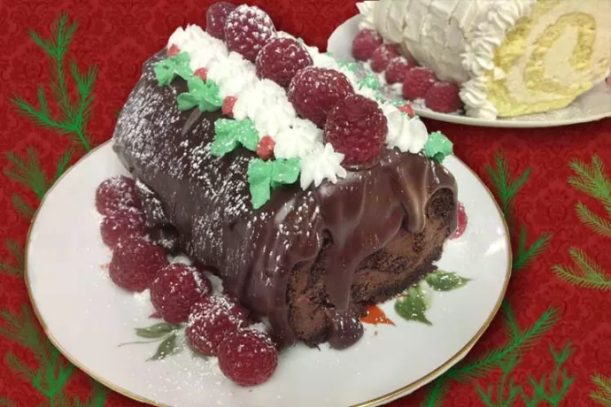 Chocolate Roll Cake with Chocolate Mousse filling and raspberries