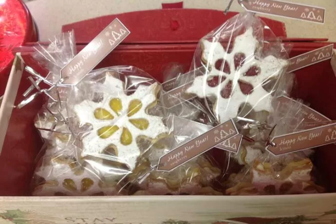 Snowflake Sandwich Cookies in a bag within a box!